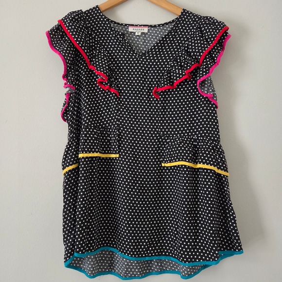 ANDREE BY UNIT Tops - Andree by Unit Polka Dot Ruffle Babydoll Blouse Black White Pink Yellow M 18580